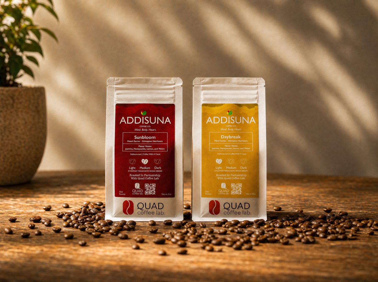 Addisuna Sampler Pack: two 8 oz bags of single origin Ethiopian coffee, Sunbloom medium roast and Daybreak light roast